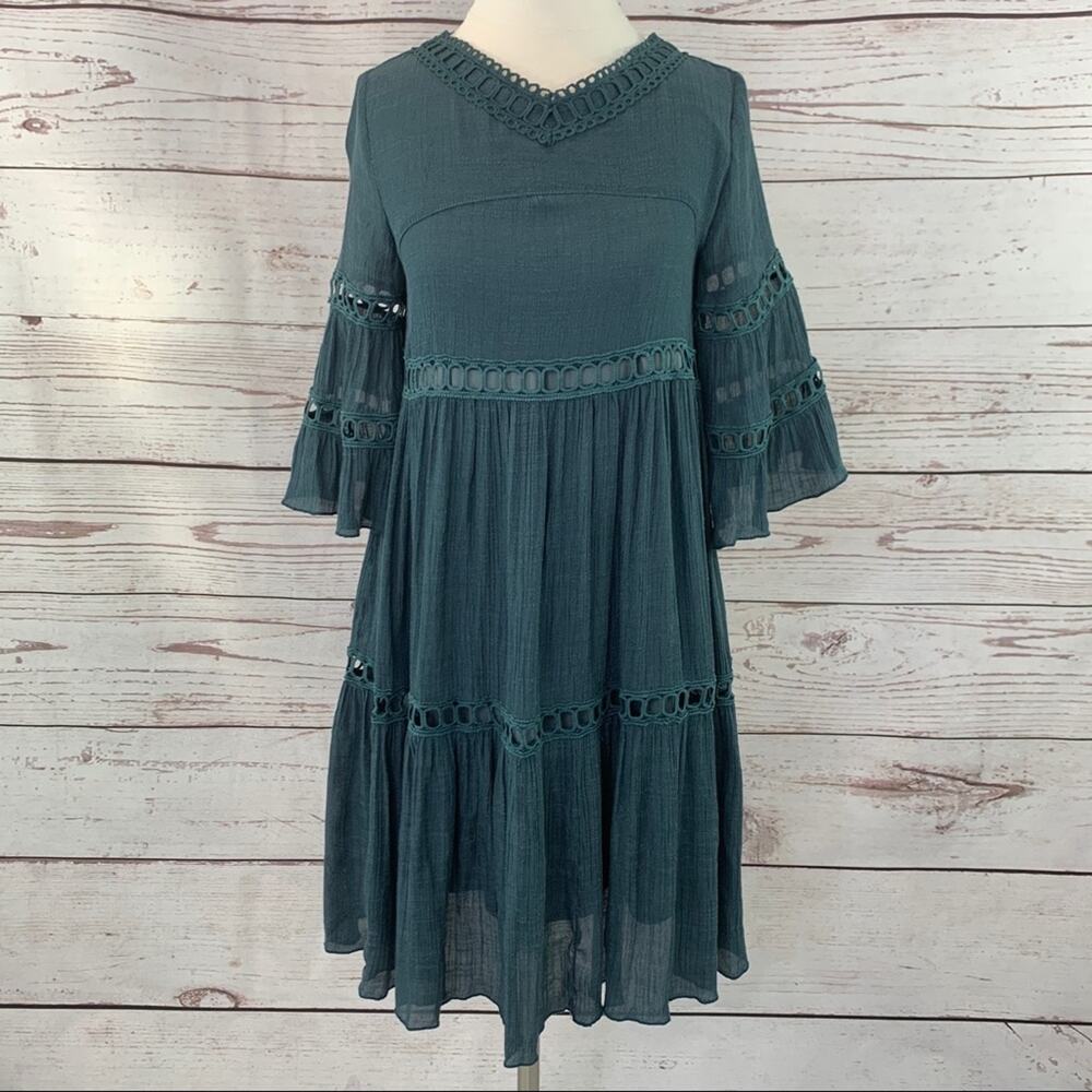 Listicle steel blue boho bell sleeve open lace